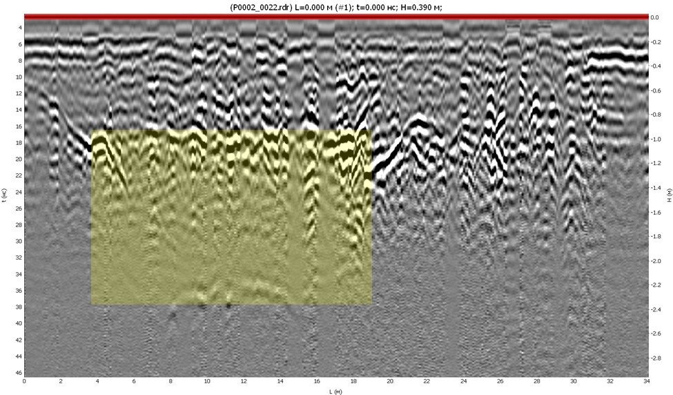Георадарный профиль ОКО-3 вдоль тротуара (700 МГц)